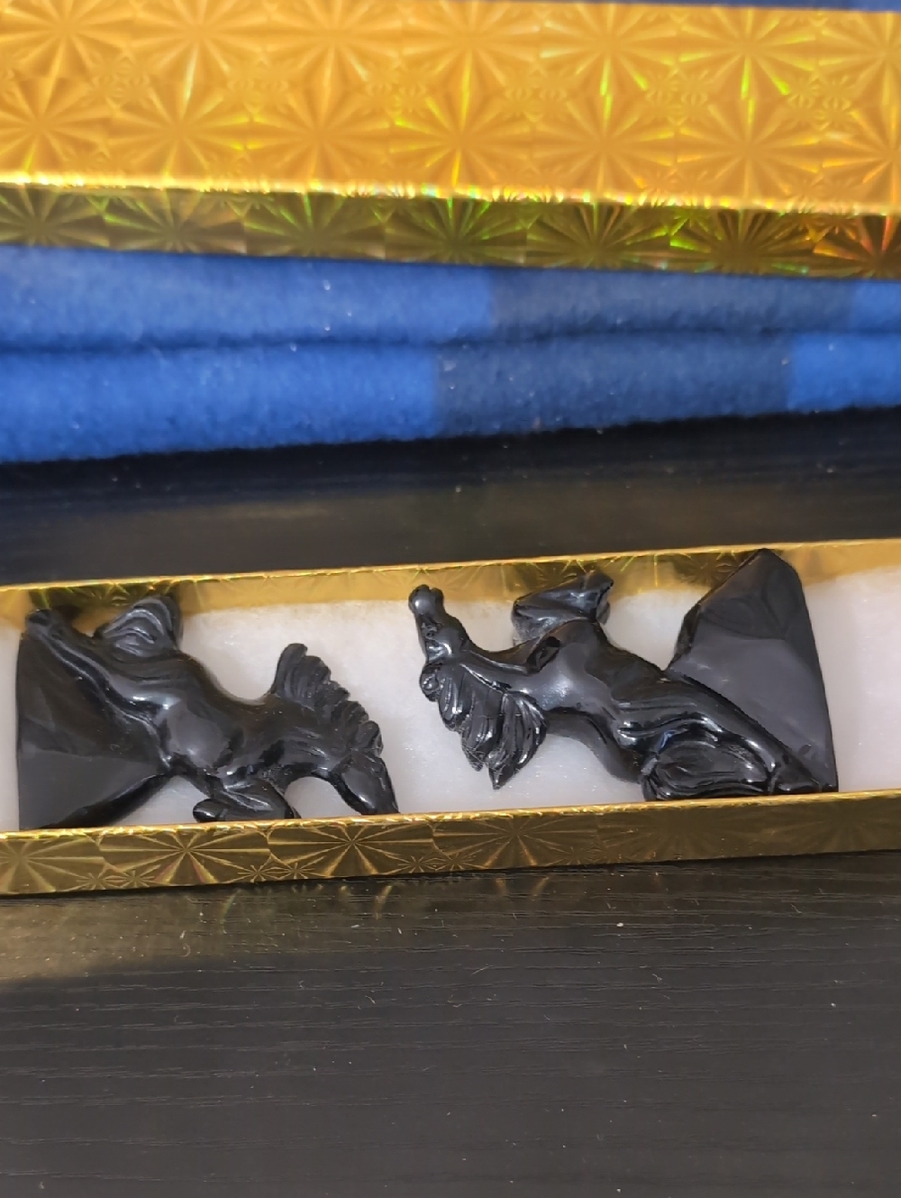 Black Decorative Rooster Figurine Pair in Gold Box - Home Accents